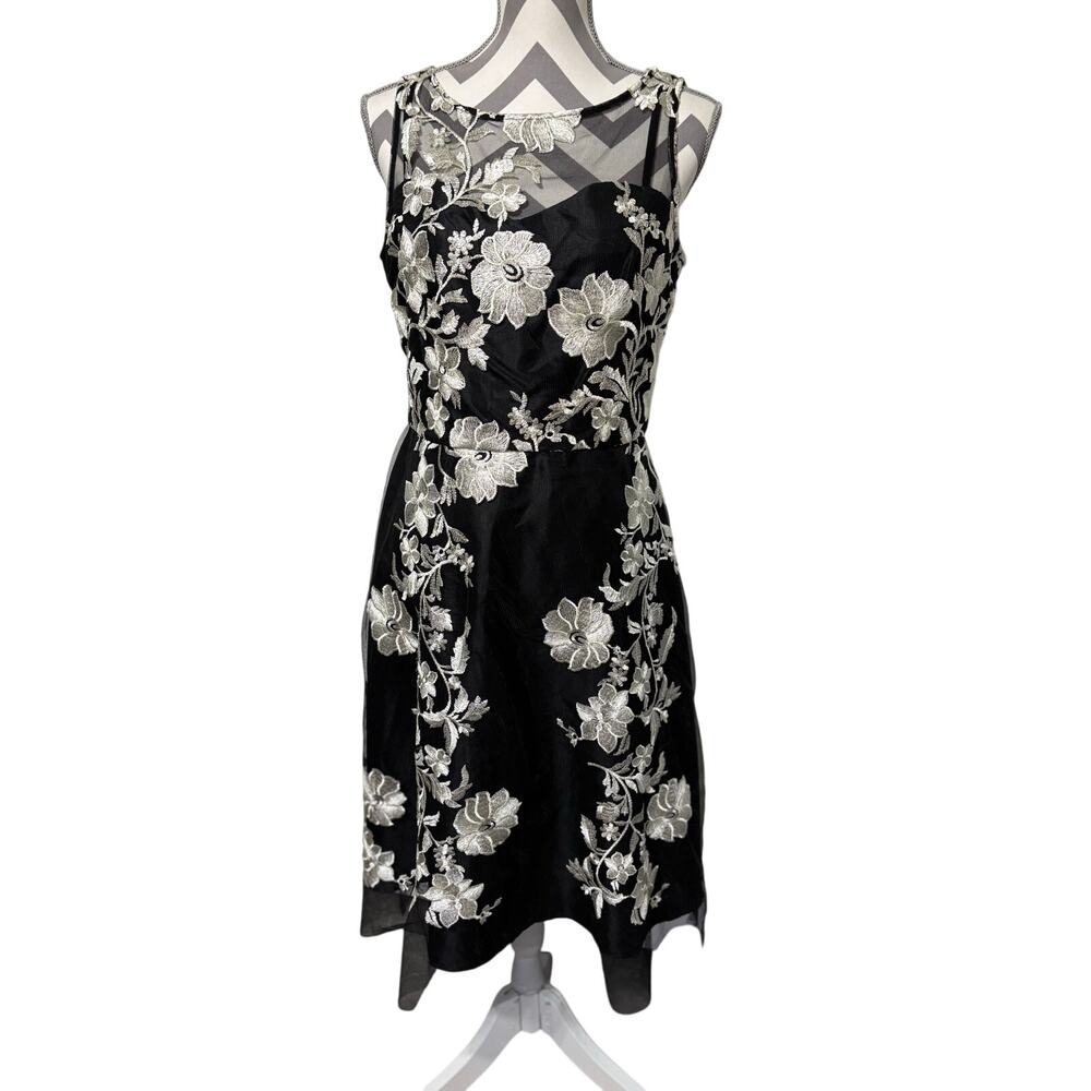 Studio One Black Dress Tulle 8 Embroidered White Flowers Sleeveless Fit Flare